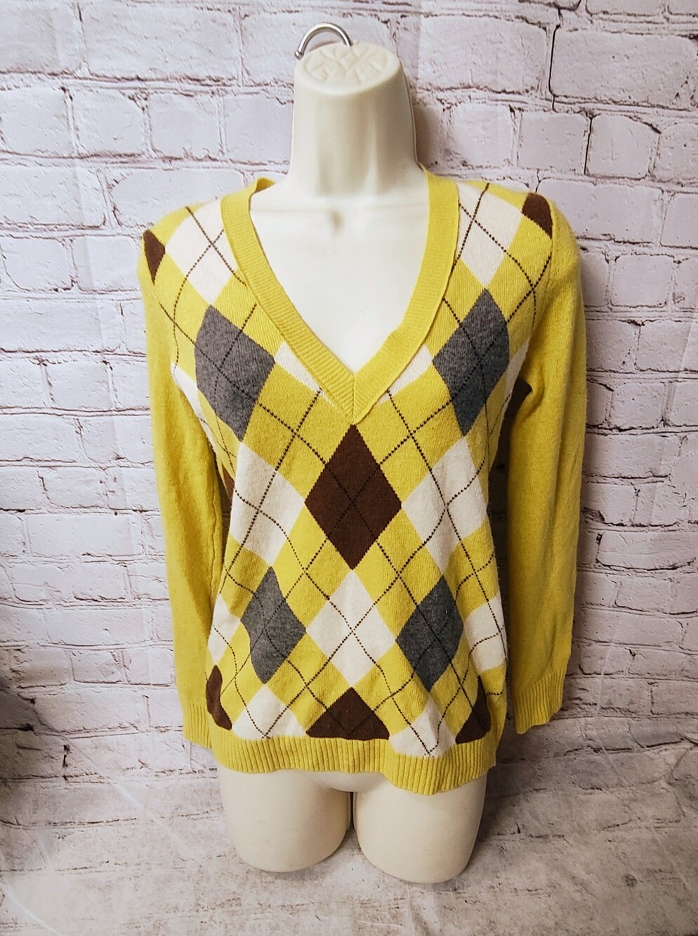 J Crew Women's Cashmere Wool Argyle Sweater School Girl V Neck Yellow Brown XS